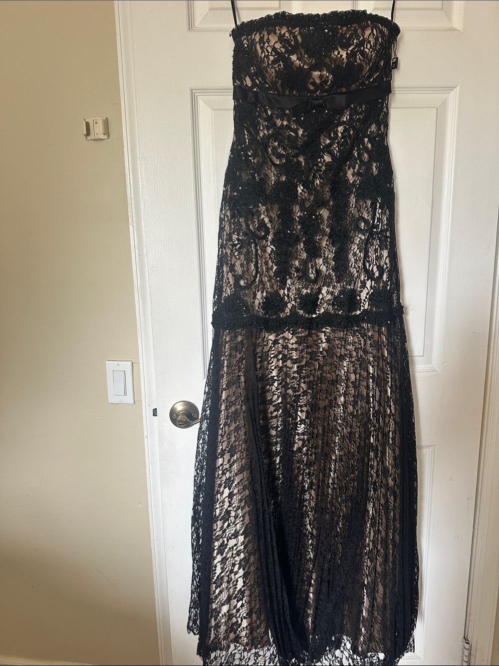 Sue Wong Black Lace Strapless Evening Gown with Nude Underlay